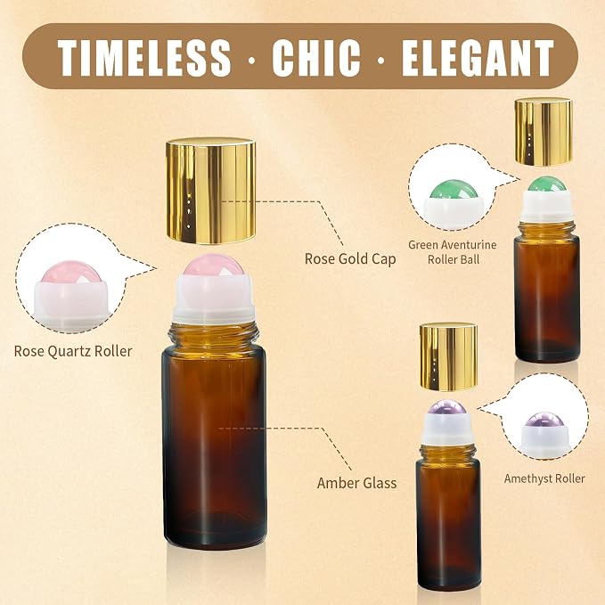 3 Pack Rose Quartz & Amethyst & Green Aventurine Roller Bottles for Oils, 50ml Refillable Amber Glass Roll On Bottles with Natural Crystal Roller, Leak-Proof Travel Perfume Bottle with Gold Caps