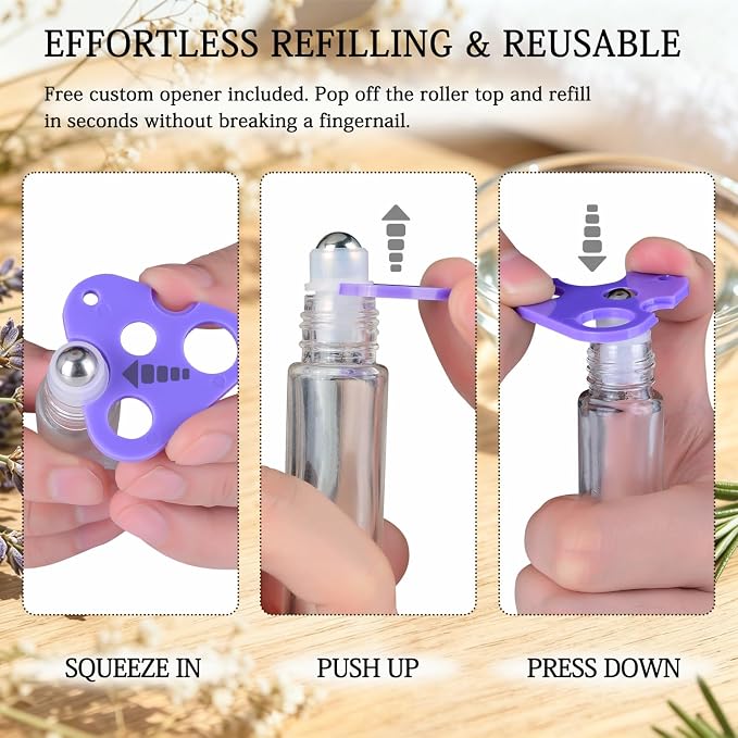 PrettyCare 4 Pack, 10 ml Essential Oil Roller Bottles with Stainless Steel Roller Ball - Refillable Leak-proof Empty Thick Clear Glass Roll on Bottles with Metal Caps for Travel, Perfume