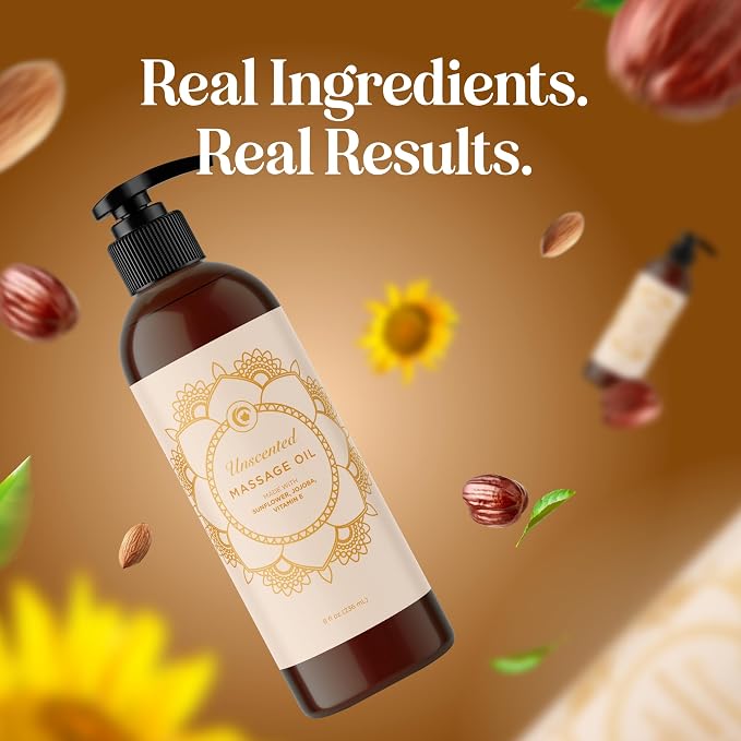 Unscented Massage Oil for Massage Therapy - Gentle and Luxurious Unscented Body Oil Full Body Care with Sweet Almond Sunflower Jojoba and Vitamin E - Vegan Non GMO & Gluten Free (8 Fl Oz)