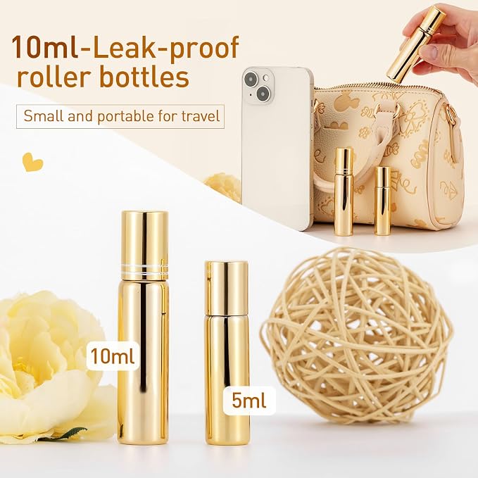Kesell 10ml Glass Roller Bottles, 6-Pack Gold | Stainless Steel Rollerball, Perfume Vials, Empty Refillable, for Essential Oils, Aromatherapy, Travel, DIY
