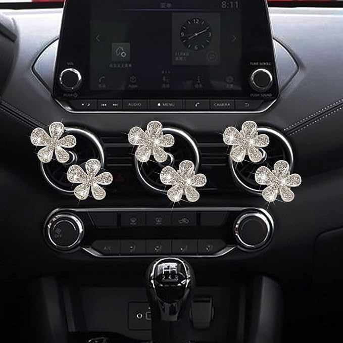 Bling Flower Air Vent Clips, 6 Pcs Cute Daisy Air Fresheners, Diffuser With Rhinestone Interior Decoration Charm, Diamond Decor Accessories for Women Girls