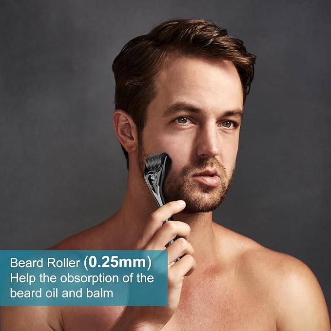 Beard Growth Kit, Beard Growth Oil (2Oz) w/Biotin & Castor Oil, Beard Massager for Patchy/Spot Beard, Beard Kit for Men's Grooming, Dad Day Gifts Fathers Day, Birthday Gifts for Him Boyfriend Husband