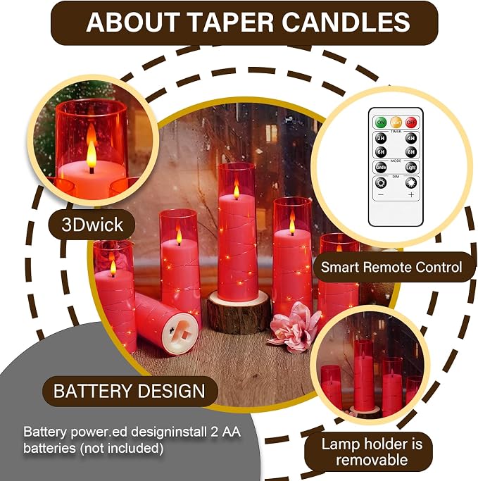 kakoya Flameless LED Candles with Timer 5 Pc Flickering Flameless Candles for Romantic Ambiance and Home Decoration Stable Acrylic Shell,with Embedded Star String，Battery Operated Candles(Pink)