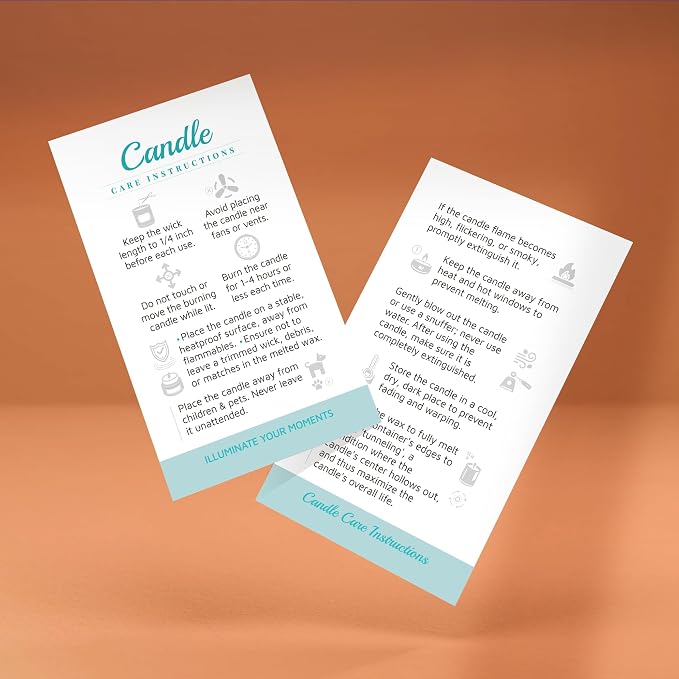 100 pack - Premium Handmade Candle Care Instruction Cards White Mint, 2x3.5 in, Small Business | Soy Bees Wax Melt, Candle Makers, Making Supplies Kit Set, Containers, Jars, Pot