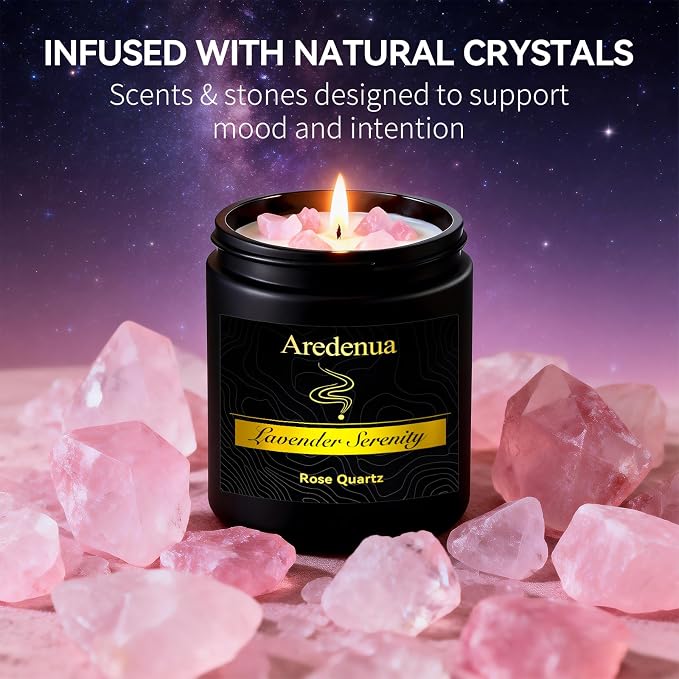 Lavender Candle for Sleep and Stress Relief, Rose Quartz Crystal Healing Candle with Natural Soy Wax, Scented Candle for Relaxation, 7oz Long Lasting 50 Hours, Calming Gifts for Women Men