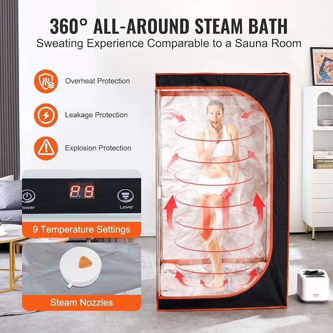 VEVOR Portable Steam Sauna Tent Full Size, 1000W Personal Sauna Kit for Home Spa, Detoxify & Soothing Heated Body Therapy, Time & Temperature Remote Control with Floor Mat