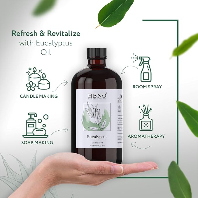 HBNO Eucalyptus Oil - 16 oz (475ml) Large Size - Ideal for Shampoos, Conditioners, Mouth Washes, Face wash, Lotions, and Skin Care Products.