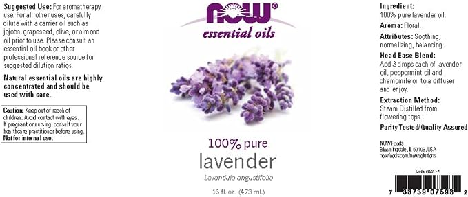 NOW Essential Oils, Lavender Oil, Soothing Aromatherapy Scent, Steam Distilled, 100% Pure, Vegan, Child Resistant Cap, 16-Ounce