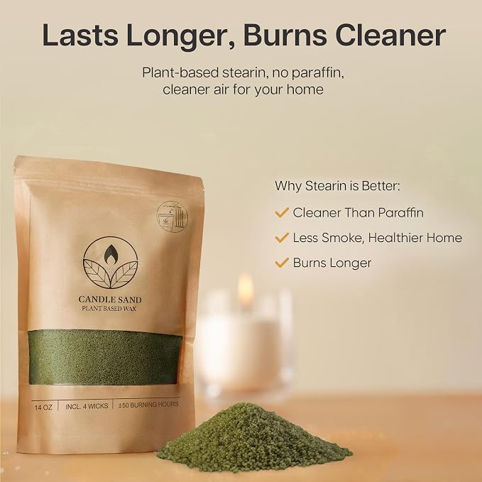 comforder Scented Candle Sand with Wicks, Pearled Candle, Wax Granules, 14oz Sand Wax Granules + 4 Wicks (Moss Green, Pine)