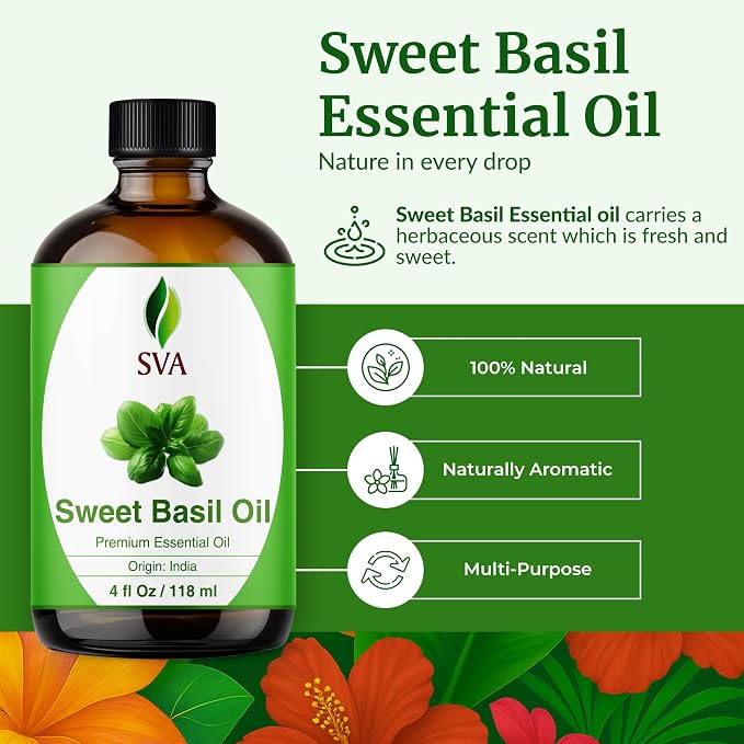 SVA Sweet Basil Essential Oil – 4 Fl Oz – 100% Natural Basil Oil - for Diffuser, Hair Care, Face, Skin Care, Aromatherapy, Scalp and Body Massage, Soap and Candle Making – with Dropper