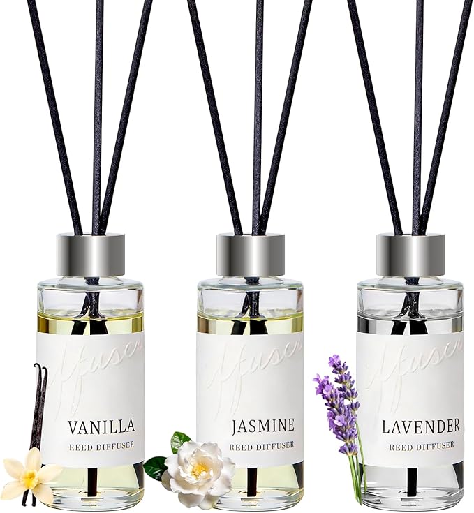 Reed Diffuser Set of 3, Jasmine, Lavender & Vanilla Scented Oil Diffusers with 15 Reeds, Long-Lasting Home Fragrance for Bedroom & Bathroom Decor, 1.7 fl oz Each, Total 5.1 oz