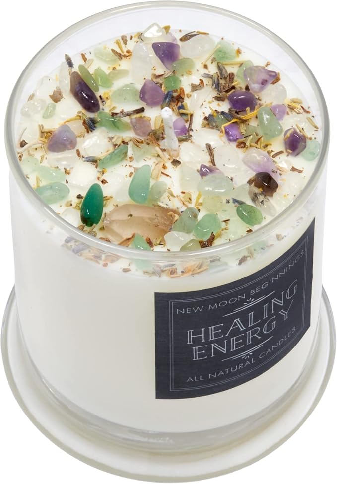 New Moon Beginnings Healing Candle - Negative Energy Cleansing - Soy Aromatherapy - Handmade with Crystals & Herbs - 12oz Glass Jar