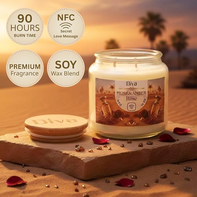 DV DIVA Scented Candle Gift 14oz Rose Amber & Musk - Anniversary, Valentine & Birthday Gift - Luxury Large Soy Wax Candle with Hidden NFC Love Message - Soft Fragrance Home Decor & Relaxing Ambiance