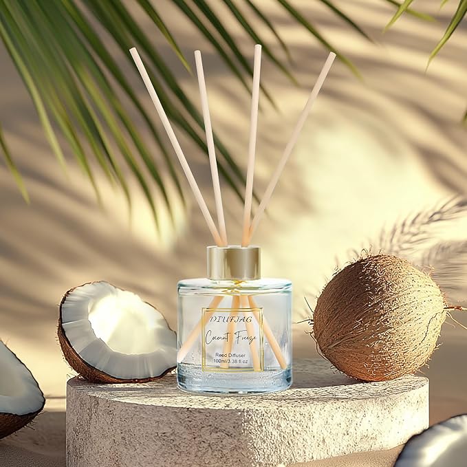 200ml Scent Diffuser with 6 Fiber Sticks, 6.76 oz Reed Diffuser Set Aromatherapy Fragrance Diffusers Air Fresheners for Home Bedroom Bathroom (Coconut Peach)