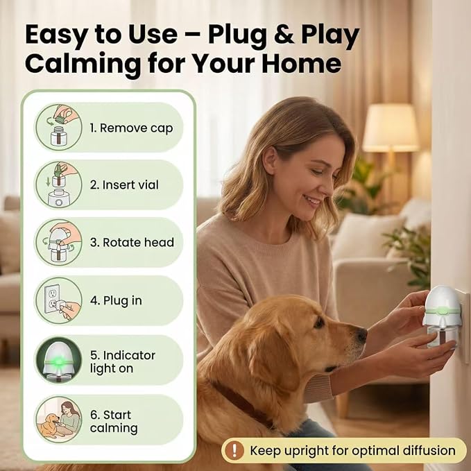 Dog Calming Pheromone Diffuser Kit, Pet Diffuser for Stress Support, Reduces Stress and Promotes Relaxed Behavior, 2 Plug-in & 4 Packs Refill, 120 Day Supply (Non-Toxic, Safe & Inedible), with Light