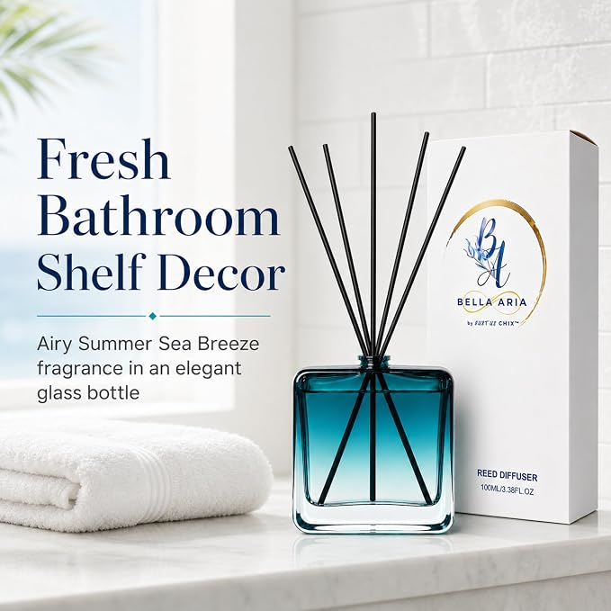 Reed Diffuser Set for Home Fragrance – 100ml Summer Sea Breeze Aromatherapy Diffuser with Reed Sticks, Long Lasting Flameless Fragrance for Bedroom, Bathroom & Living Room, Decorative Glass Bottle