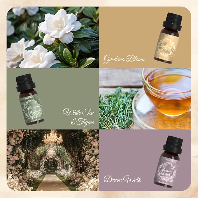 Hotel Essential Oil Set Collection—Santal, Luxury Night, White Tea & Thyme, Gardenia Bloom, Dream Walk, Citrus Amber, Essential Oils for Diffuser, Candle & Soap Making, Fragrance Oils Scents