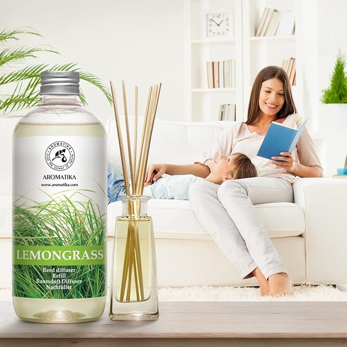 Reed Diffuser Refill Lemongrass 51 Fl Oz - Room Diffuser w/Essential Lemongrass Oil - Set 3x17Fl Oz - Home Fragrance - Aromatherapy Air Freshener Essential Lemongrass Oil Diffuser