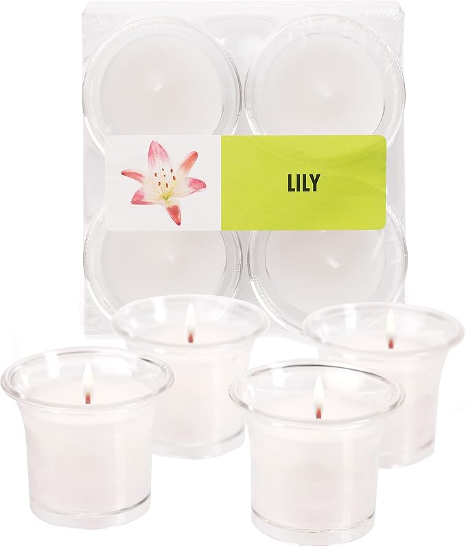 HYOOLA Clear Cup Scented Votive Candles - Lily - 12 Hour Burn Time - 4 Pack - European Made