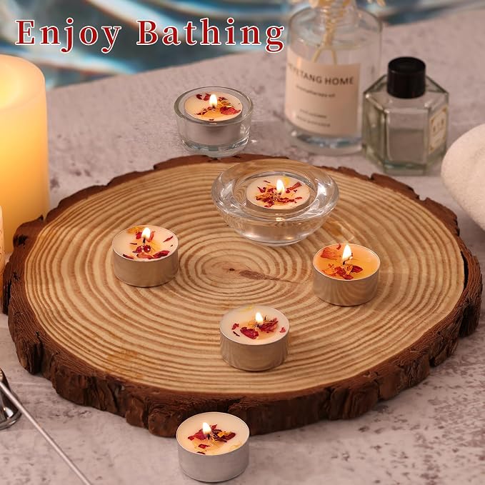 8 Pcs Rose Scented Tealight Candles, 6H Long Burning - 100% Palm Wax Based Scented Tea Lights with Dried Flowers, Non-Toxic/Smokeless Tea Lights Candles for Spa, Bath, Wedding