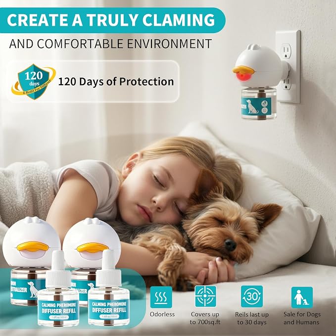 Dog Calming Diffuser, Calming Pheromones Diffuser Kit Pheromone Diffuser to Calm (2Plug in+4Refill) for Anxiety Relief Fighting Barking Stress,for All Dogs