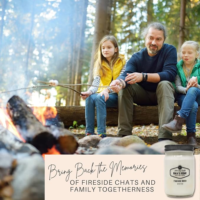 Nika's Home Fireside Birch Soy Candle - 12oz Mason Jar - Non-Toxic - Hand Poured in The USA, Long Burning 50-60 Hours Highly Scented All Natural, Clean Burning