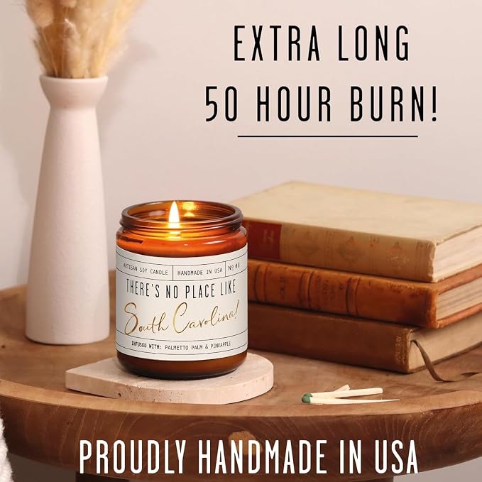 South Carolina Gifts, South Carolina Decor for Home - 'There's No Place Like South Carolina Candle, w/Palmetto Palm & Pineapple I South Carolina Souvenirs State Gifts I 9oz Jar, 50Hr Burn, USA Made