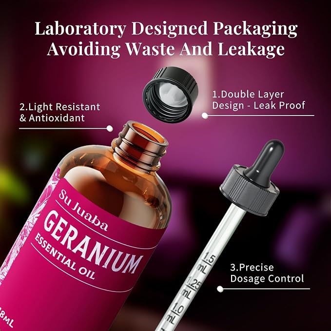 SU JUABA Geranium Essential Oil 4 Oz, Aromatherapy Oil for Diffuser, Skin Care, Hair & Massage - 118ML