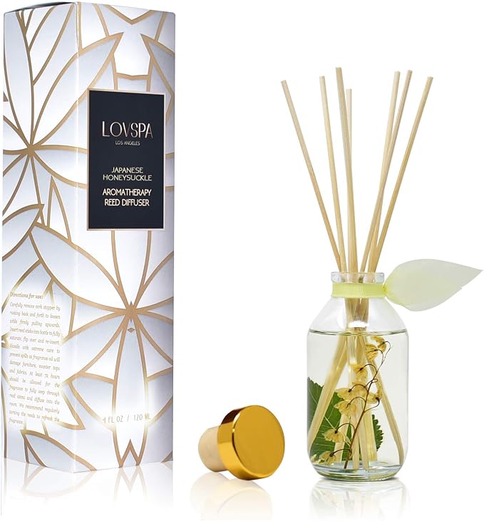 Japanese Honeysuckle Diffuser Set, Luxury Home Fragrance, Room Scent | Honeysuckle, crimson rose, and floral bouquet profile, shelf decor, guest bath, decorative glass bottle, home aroma