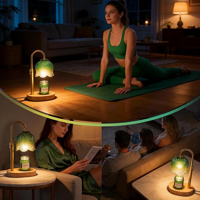 Candle Warmer Lamp with Adjustable Height - Flameless 4-Level Dimmable Wax Warmer, Timer Function & Stylish Design in Multiple Colors (Green Wood Base)