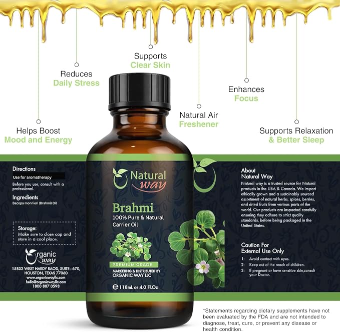 Brahmi Carrier Oil for Diffusers, Dry Skin, Hair | Natural Aroma Oil for Home Fragrance, DIY Beauty Blends & DIY Candle Making, Long Lasting Scent for Office, Bedroom Scent 4 Fl Oz (120 mL)