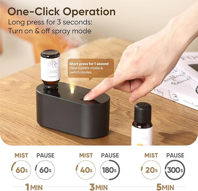 Waterless Diffuser for Home Essential Oil Diffuser, Aromatherapy Diffuser, Portable Scent Diffusers, 3 Mist Modes, Cycle Start for Bedroom, Office Studio 350-700 sq. ft Black
