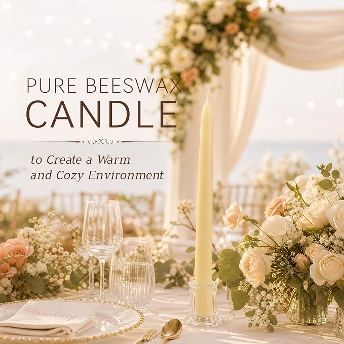 DEYBBY 12 inch Natural White Beeswax Taper Candles Set of 18, Smokeless and Dripless Pure Organic Beeswax Candles Bulk for Anniversary Wedding Dinner Decor Emergency Housewarming Gift, 9-10Hrs Burn