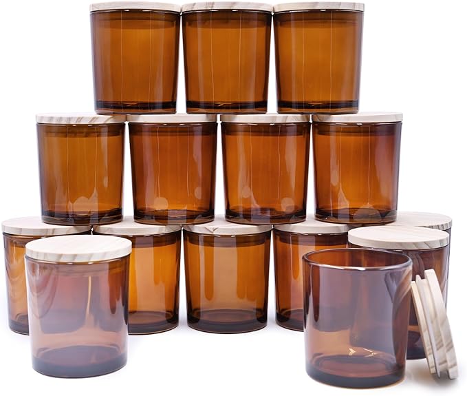 SHOWIN 8 OZ Thick Candle Jars for Making Candles 15 Pcs, Brown Empty Jars with Wood Lids for Candle Making, Sample Container,Clear Brown