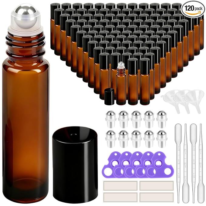 PrettyCare Set of 120, Bulk 10 ml Essential Oil Roller Bottles with Stainless Steel Roller Ball - Refillable Leak-proof Empty Thick Amber Glass Roll on Bottles with Black Caps for Travel, Perfume