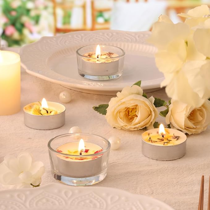 Jasmine Scented Tealight Candles -64 Pack - 4-Hour Palm Wax White Tea Lights, Plant Dried Flower Scented Tea Candles (Paraffin-Free), Votive Candle for Home/Yoga/Bath/Meditation