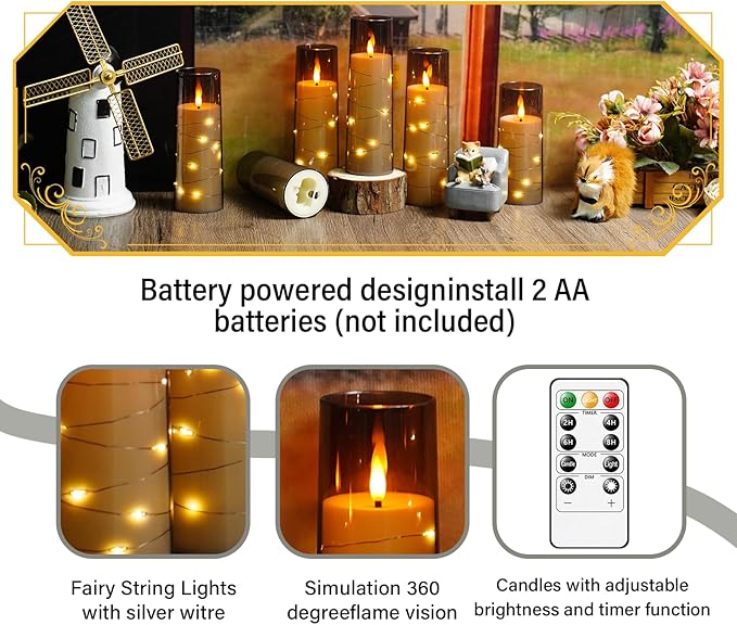 Flameless Candles with Embedded Star String, 12 Pcs Battery Operated LED Pillar Candles with Remote and Timer, Suitable for Home Decor, Party, Christmas & Wedding (Grey)
