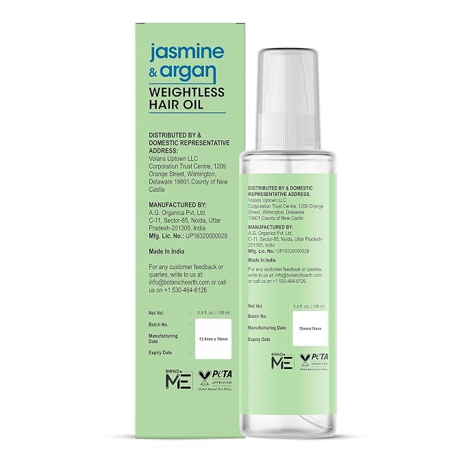 Botanic Hearth Argan & Jasmine Weightless Hair Oil, 3.4 fl oz | With Argan Oil & Jasmine Oil | Lightweight Non-Greasy Formula | Frizz Control, Smooth Shine & Soft Hair | For Dry, Frizzy & Fine Hair