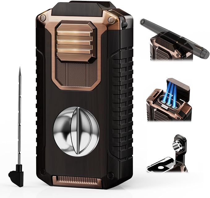5-in-1 Torch Lighter with Tool, Punch, Holder and Draw Enhancer Tool, Triple Windproof Jet Flame, Refillable Lighters with Accessories, Cool Lighter Gifts for Men, Butane Lighter for Candle, Travel