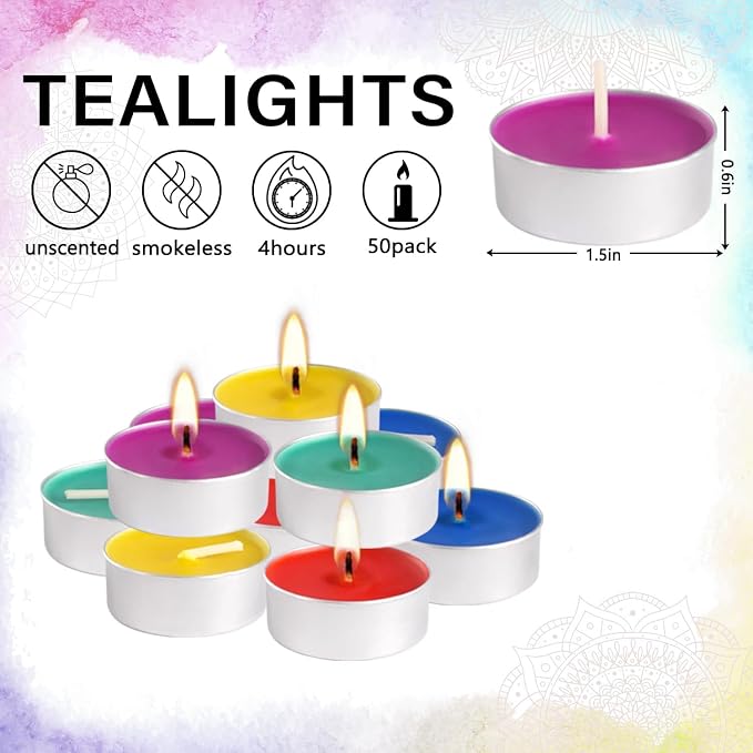 50 Pack Unscented Assorted Colors Tealights Candle - 4+Hour Clean-Burning Votive Smokeless Tea Lights for Home Decor, Rituals, Shabbat & Anniversaries & Relaxation.