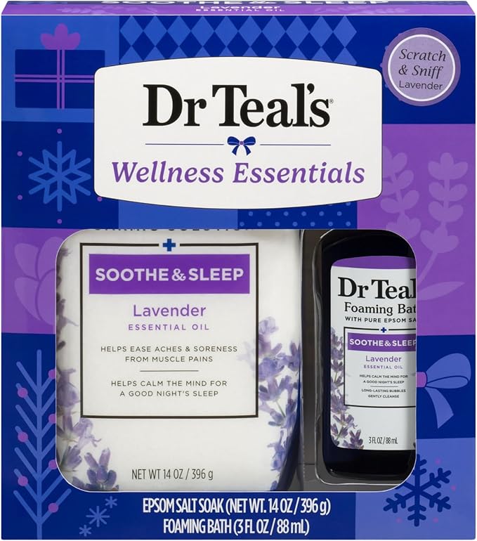 Dr Teal's Holiday Limited Edition Bath Gift Set | Epsom Salt Soak and Foaming Liquid, 14 oz Salt, 3 fl oz Bath (Lavender)