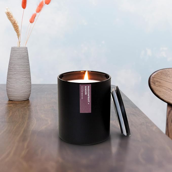 Calyan Wax Co. Passionfruit & Ginger Scented Candle - 75 Hour Burn - Luxury Clean Soy Wax Candles - Long Lasting Black Tumbler Jar Candle for Home - 10.2oz