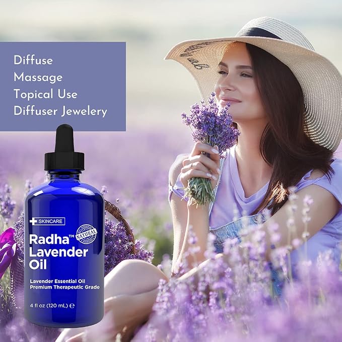 Radha Beauty Lavender Essential Oil 4 oz. - 100% Natural & Therapeutic Grade, Steam Distilled for Aromatherapy, Relaxation, Sleep, Laundry, Stress & Anxiety Relief, Meditation, Massage, Headaches