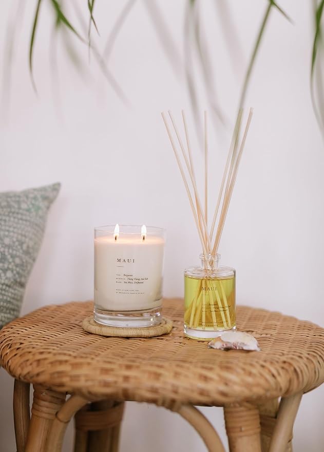 Brooklyn Candle Studio Reed Scent Diffuser - Maui - Relaxing Oil Diffuser, Sea Salt, Driftwood & Ylang Ylang Fragrance, 8 Rattan Diffuser Reeds, Clean Ingredients - 3.7oz