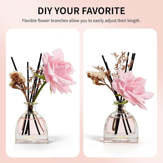 Reed Diffusers Set Rose Scented Diffuser for 140 Days, Flower Diffuser 8.5 fl oz with Dried Flowers and Decorative Rose, Long Lasting Home Fragrance with 10 Sticks for Bathroom, Shelf, Office Decor