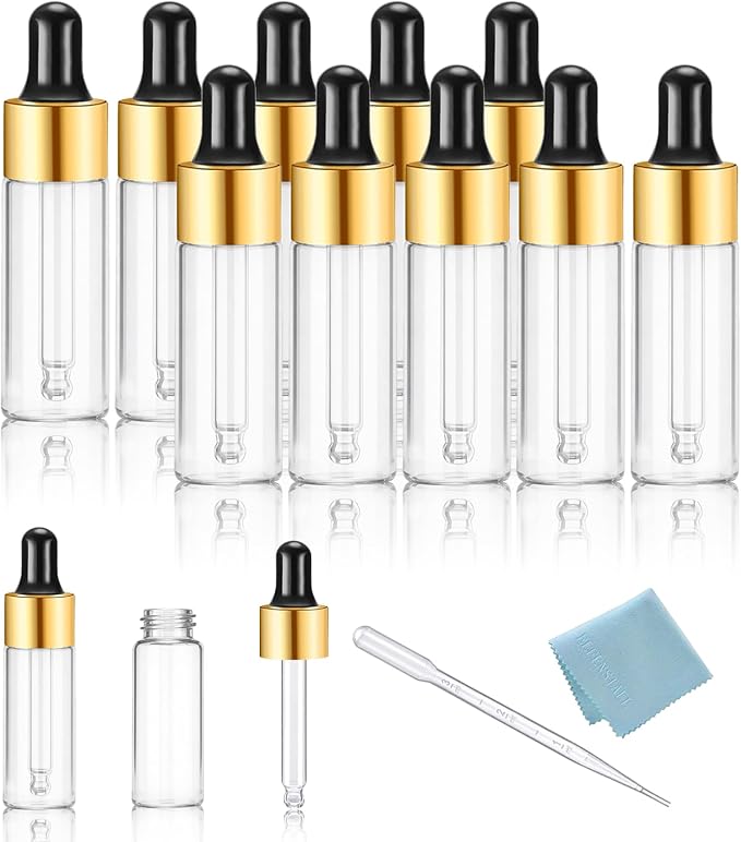 Elfenstall- 10Pcs 5ml 1/6 oz Glass Dropper Bottles Small Empty Bottle Liquid Containers Clear Mini Sample Vials for Perfume Essential Oils Cosmetic Aromatherapy Lab and Travel