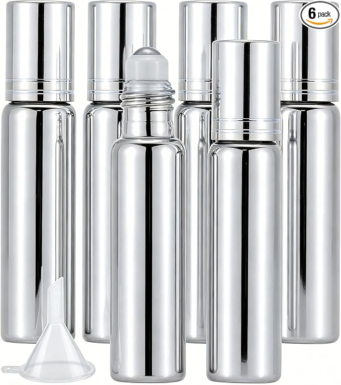 Kesell 0.34oz / 10ml Essential Oil Roller Bottles 6PCS Silver Glass Roll-on Bottle Empty Refillable Perfume Vials Travel Size Perfume Rollerball Applicator Liquid Storage Container with Funnel