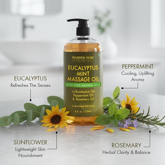 MAJESTIC PURE Eucalyptus Mint Massage Oil for Massage Therapy - Refreshing, and Relaxing - Natural Oils with Eucalyptus Essential Oil - for All Skin Types - Men and Women Massage Lotion- 8 fl oz