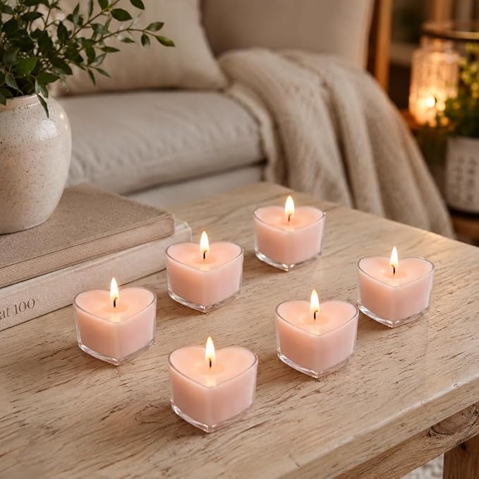 Pink Heart Tea Lights Set of 24, Handmade Tealight Candles with Gardenia Scent, Long Burning Tea Candles, Tealights for Wedding Meditation Home Spa Decor Gift