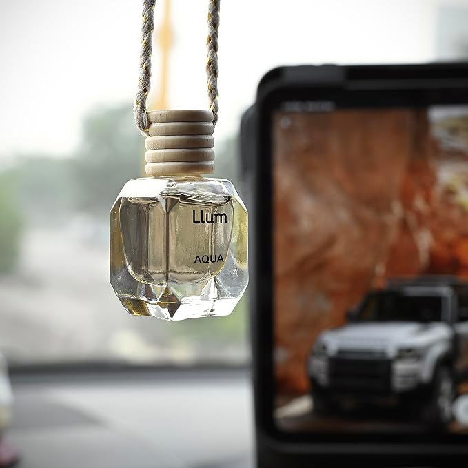 Llum Aqua Hanging Car Air Freshener – Luxury Automotive Perfume Diffuser 10ml (0.34 fl oz), Long-Lasting Fragrance, Alcohol-Free Non-Toxic Car Scent, Glass Bottle With Wood Cap